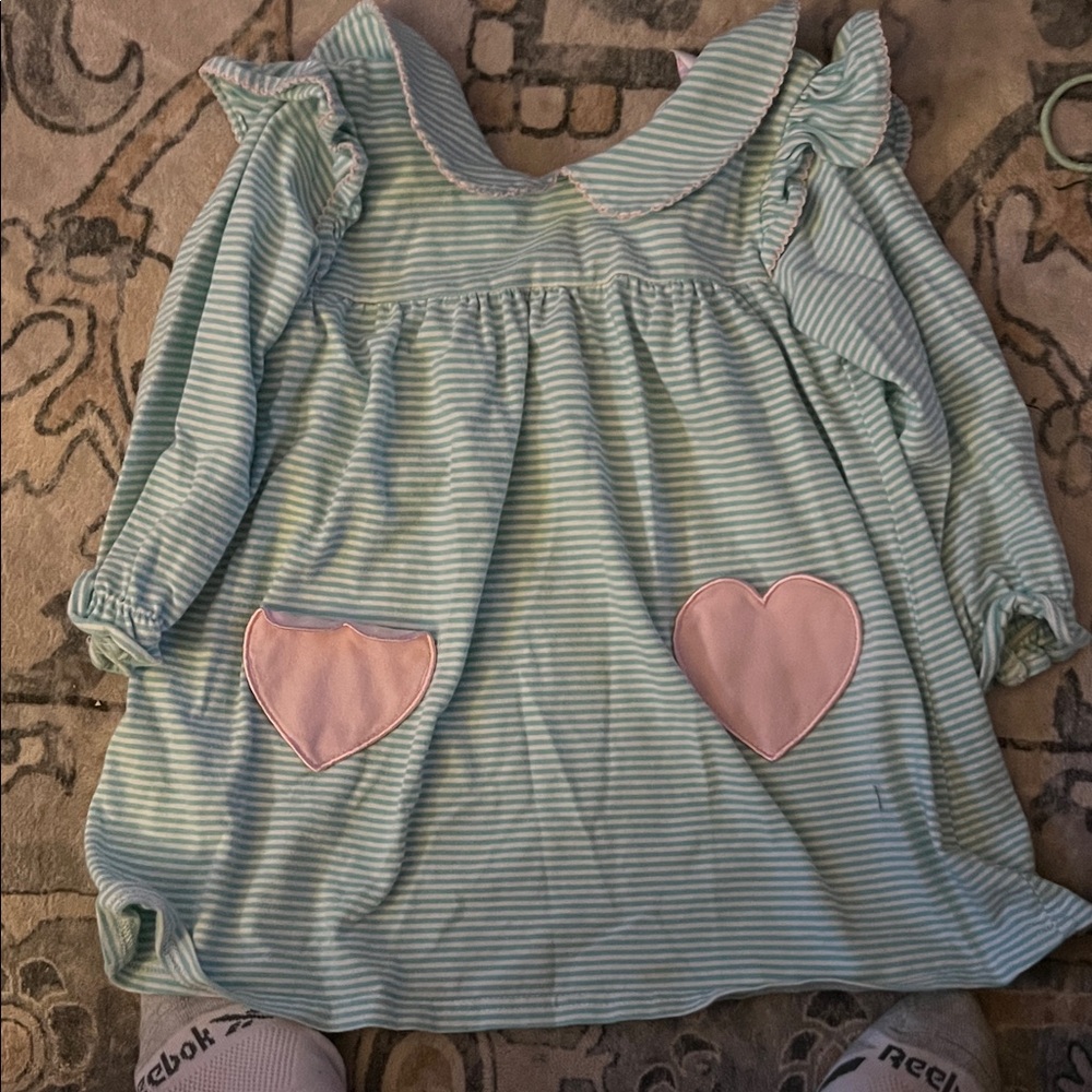 Striped Green Kids Top with Heart Pockets- starchy fish 24mo